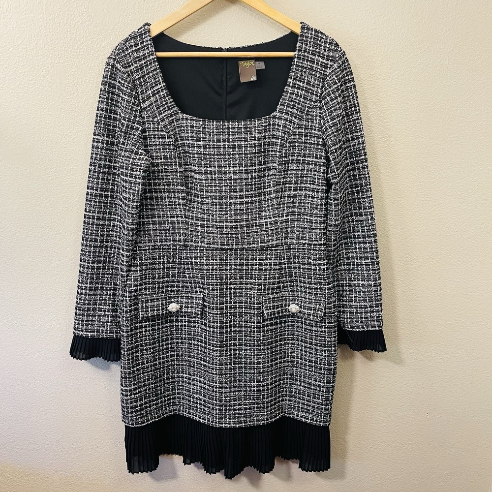 Taylor Boucle Tweed Dress Pleated Trim Black White Classy Preppy K Drama Sz 14